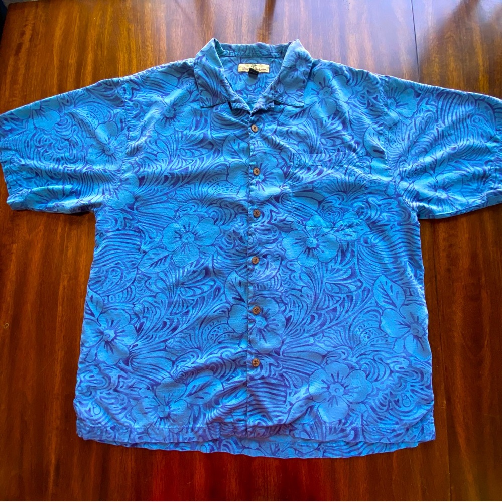 Tommy Bahama Silk Hawaiian Floral Button Down Shirt Men’s Size XL Island Blue
